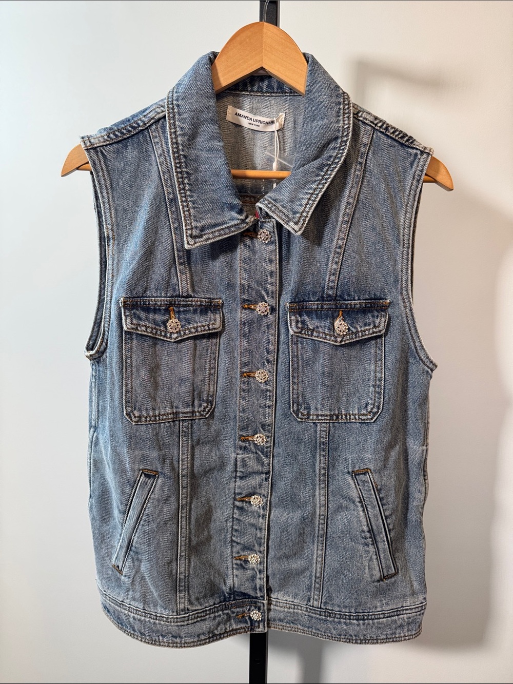 Amanda Uprichard Rhinestone Embellished Button Greyson Denim Vest In Blue